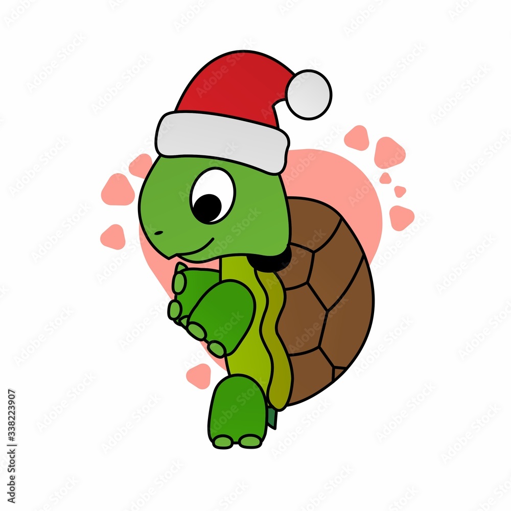 Fototapeta premium Illustration of Turtle Stands While Wearing A Santa Hat Cartoon, Cute Funny Character, Flat Design