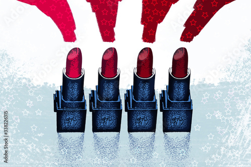 Stippled illustration of a set of four lipsticks and thier shades. The colours are red white blue and black and stars feature in the illustration photo