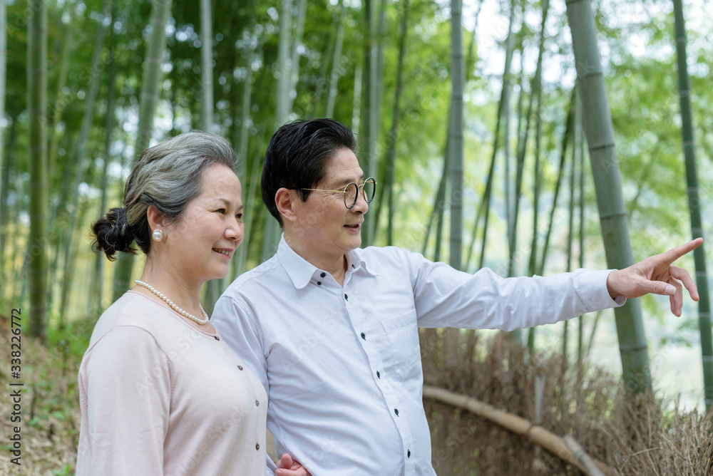 An elderly Asian couple walking in a bamboo forest An elderly Asian couple walking in a bamboo forest