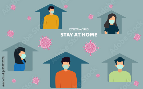 People wearing mask Stay at home awareness social media coronavirus prevention. Shelter in place. pandemic of coronavirus and social distancing. staying at home with self quarantine to stop outbreak.