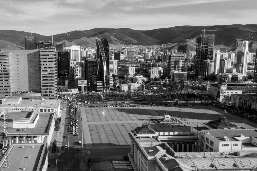 Aerial view of the Sukhbaatar Square, the main square of Ulaanbaatar, the capital of Mongolia, circa June 2019