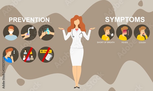 Coronavirus infographic symptoms and prevention tips. vector illustration