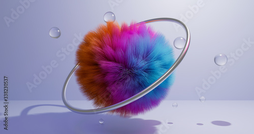 Abstract furry and colorful composition with glass spheres. 3D illustration