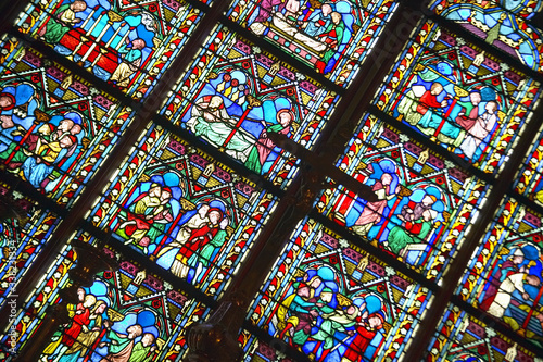 Stained glass windows inside the Notre Dame Cathedral  Paris  France