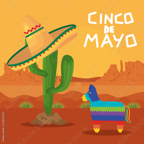 Mexican pinata and cactus with hat design, Cinco de mayo mexico culture tourism landmark latin and party theme Vector illustration