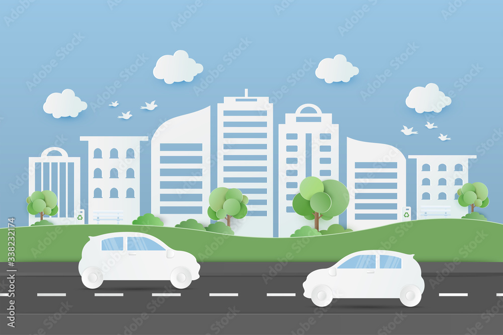 Buildings town and public park with car on road. Urban cityscape background. Paper art vector illustration.