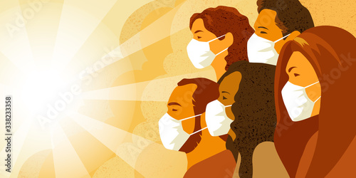 Vector illustration of multinational group of people in medical mask look into the future with hope. Coronavirus COVID-19 pandemia concept.