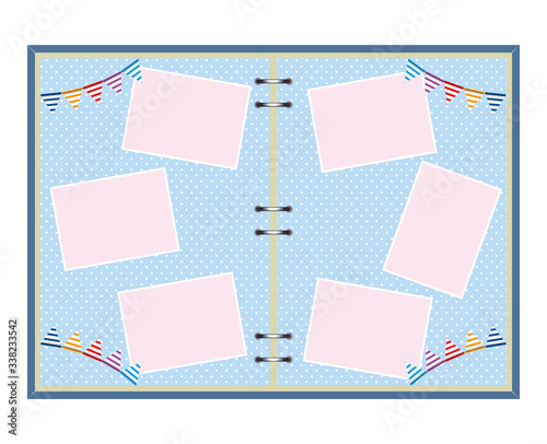 Illustration of photo album decorated with garland, triangular flag, background frame, image illustration of memories.