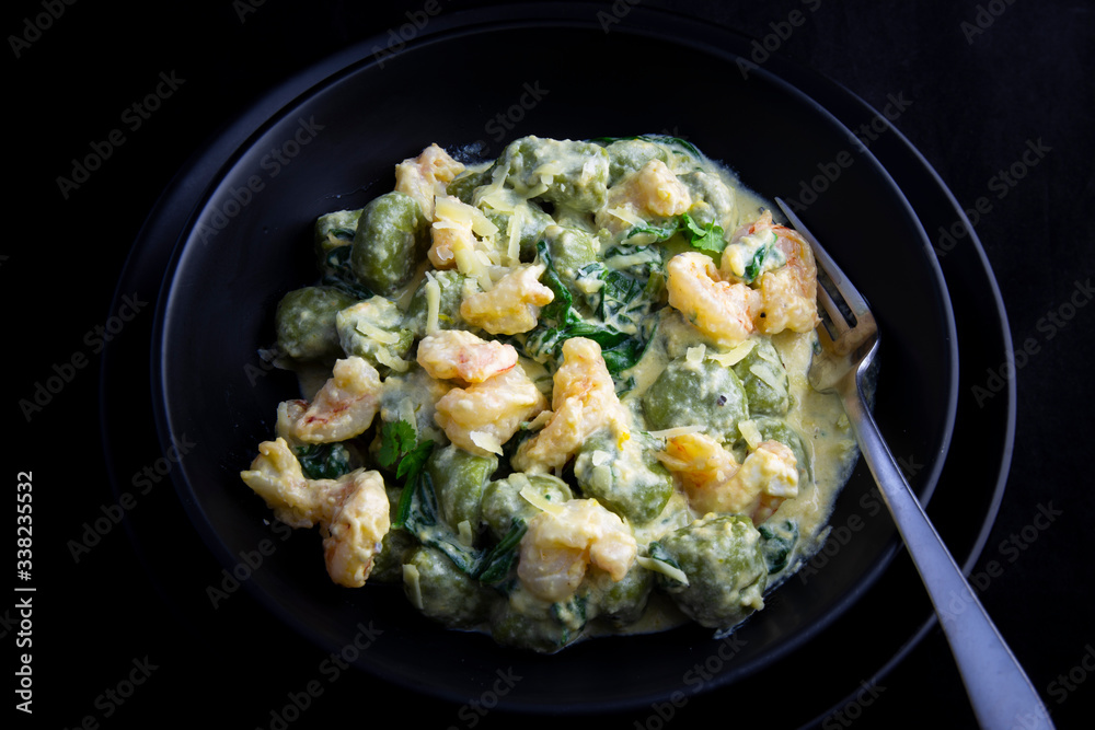 Creamy cheesy sauce spinach gnocchi with shrimp Creamy cheesy sauce spinach gnocchi with shrimp
