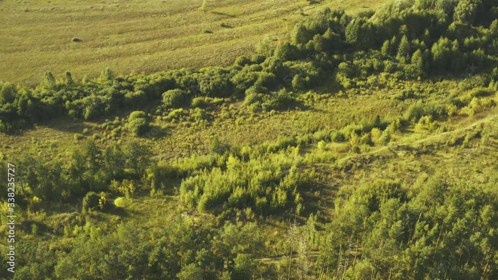Aerial View Green Forest Woods And Meadow Landscape Near River. Sunny Summer Day. Top View Of Beautiful European Nature From High Attitude In Summer Season. Drone View. Bird's Eye View Aerial View Green Forest Woods And Meadow Landscape Near River. Sunny Summer Day. Top View Of Beautiful European Nature From High Attitude In Summer Season. Drone View. Bird's Eye View