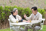 An old Asian couple using a sphygmomanometer