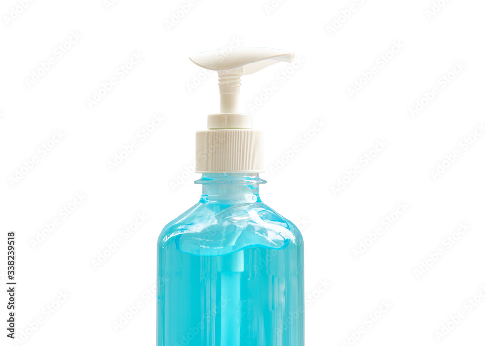 Close up blue alcohol gel onnwhite background. Close up blue alcohol gel onnwhite background.
