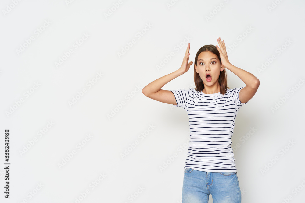 young woman with hands up young woman with hands up