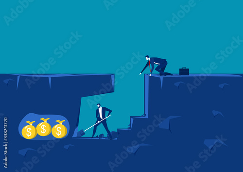 businessman dig the earth in search of hidden bag money. Vector illustration