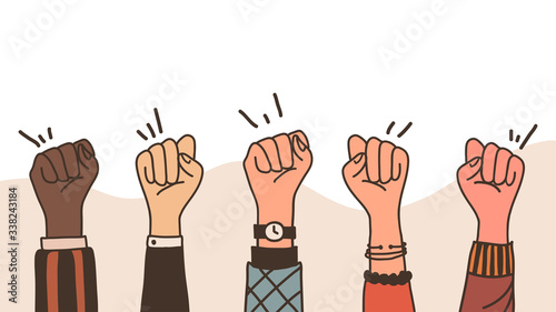 People raised fist on air. Vector illustration.