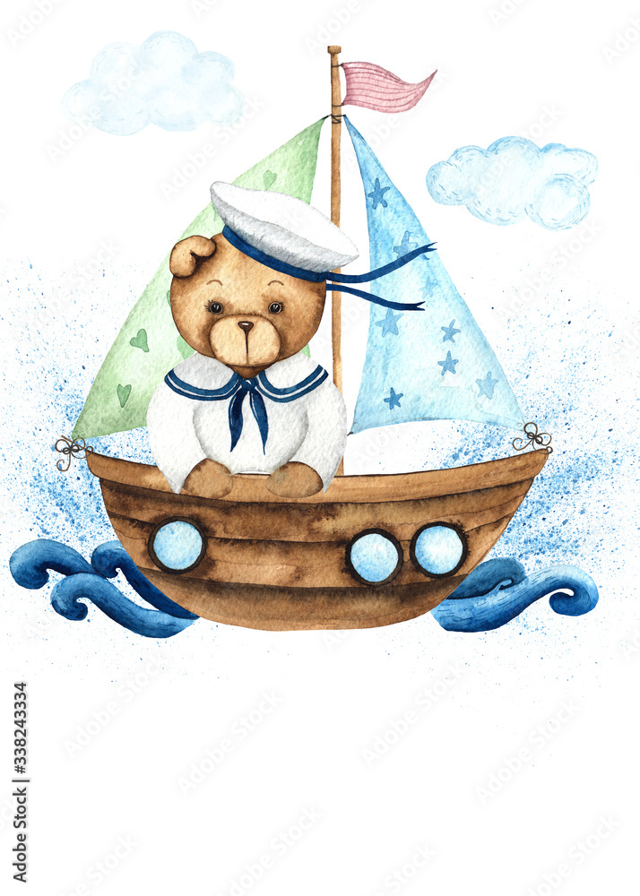 Obraz Little Sailor. Watercolor hand painted card with cute Teddy Bears, boat, sailboat, steering wheel, anchor, Seagull, binoculars, fishes, captain's cap, waves, spray