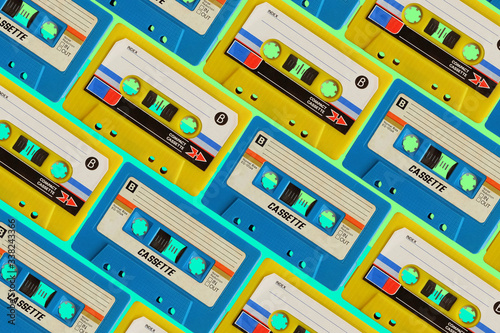 Pattern of old colorful cassette audio tape, Blue and yellow color background