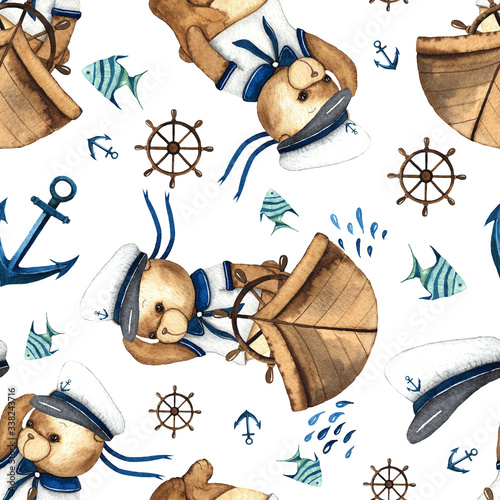 Little Sailor. Watercolor hand painted seamless pattern with cute Teddy Bears, boat, sailboat, steering wheel, anchor, Seagull, binoculars, fishes, captain's cap, waves, spray photo