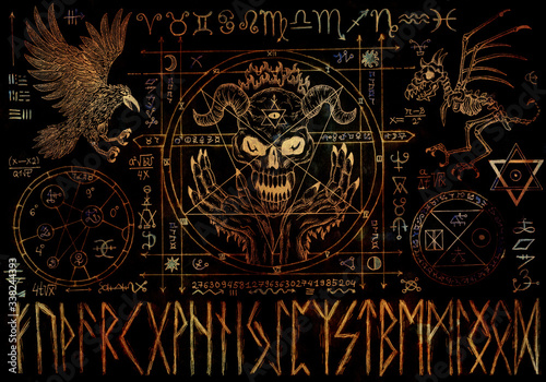 Ouija magic spiritual board design with runes and devil face on black texture background.
