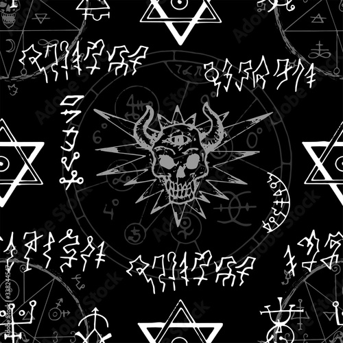 Seamless pattern with frightful drawings, pentagram and alchemy signs on black background. Esoteric and occult illustration with mystic symbols. No foreign language, all elements are fantasy. photo