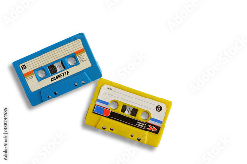Old colorful cassette tape isolated on white background, and leave blank space above for text input.