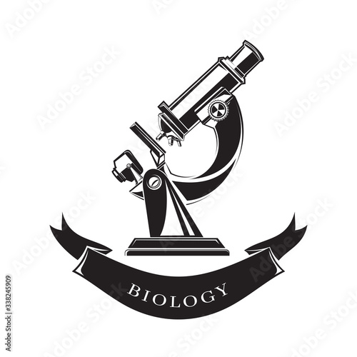 Black and white icon science biology. Science studying living organisms - biology. Microscope. Vector illustration