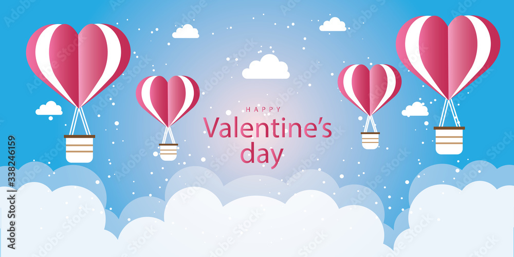 love and valentine day,Origami made hot air balloon flying over cloud with heart float on the sky love and valentine day,Origami made hot air balloon flying over cloud with heart float on the sky
