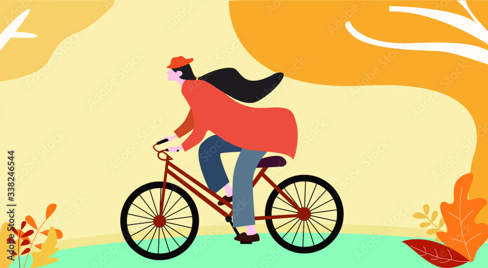 Girl with bicycle to outdoor in spring;People riding on bicycles in the park, Vector illustration - bicycle riding man. Park, forest, trees and hills on background. Vector illustration