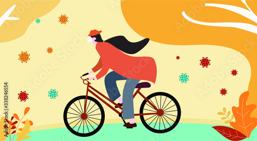 Girl with bicycle, protect herself by wearing a mask, to protect from COVID-19 coronavirus outbreak spreading concept. 