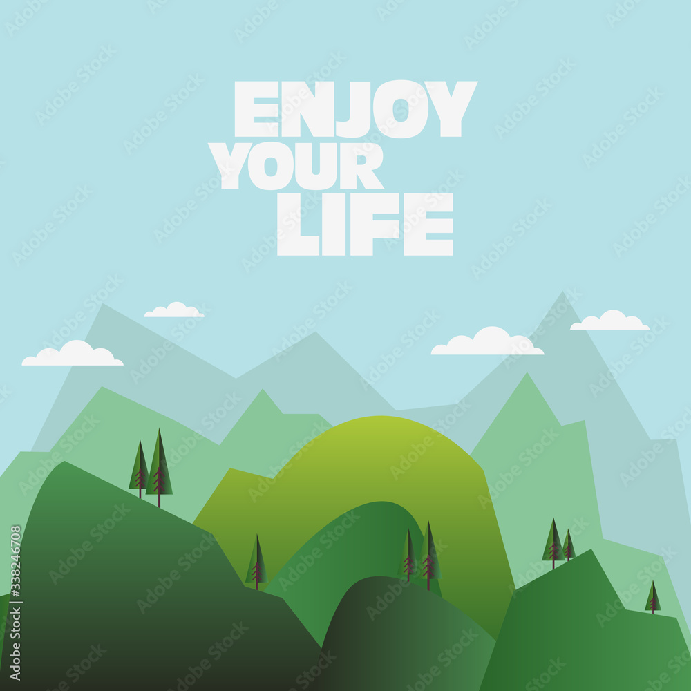 Beautiful mountain landscape with pine forest. Nature, camping, travel, vacation and holiday vector concept
