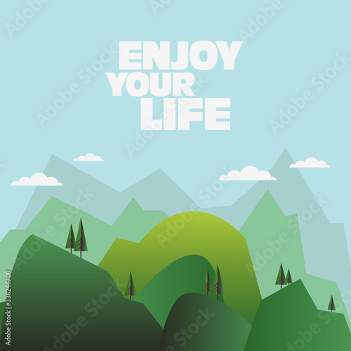 Beautiful mountain landscape with pine forest. Nature, camping, travel, vacation and holiday vector concept
