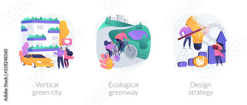 Environmental urban solutions abstract concept vector illustration set. Vertical green city, ecological greenway, design strategy, space-saving eco solution, landscape ecology abstract metaphor.