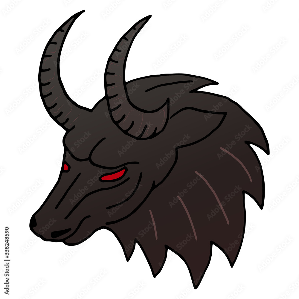 Colorful bull head with red eyes. Vector hand-drawn illustration