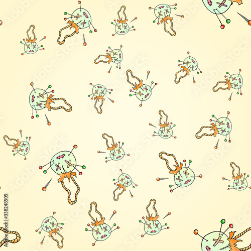 Seamless pattern with colorful voodoo dolls vector illustration.