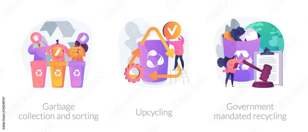 Waste collection and recycling problems abstract concept vector illustration set. Garbage sorting, upcycling, government mandated recycling, household disposal, creative reuse abstract metaphor.
