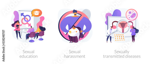Sexual behavior abstract concept vector illustration set. Sexual harassment and sexually transmitted diseases, sex education, abuse and assault, insecure contact, labor relationship abstract metaphor.