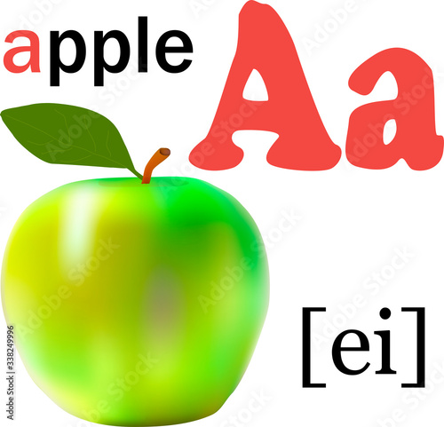 the letter a with a picture of the Apple and the transcription alphabet