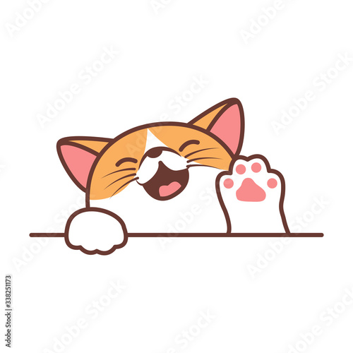 Cute cat waving paw cartoon, vector illustration
