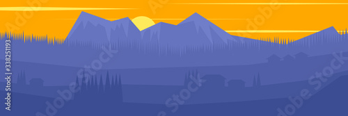 Vector landscape with mountain range,valley,pine trees and house in blue color tones.