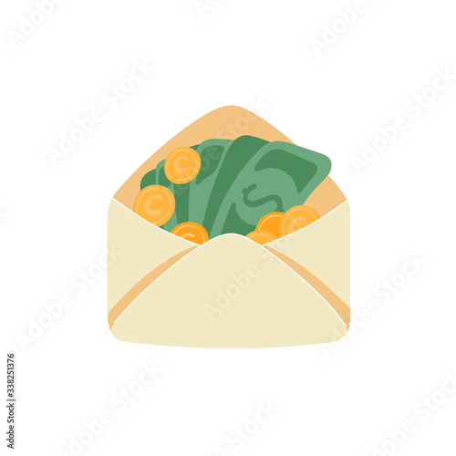 Paper envelope with money. Some green dollar bills and yellow gold coins. Salary and cash payment concept. Flat cartoon vector illustration.