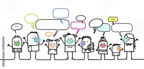 Cartoon kids people with protection masks and social network