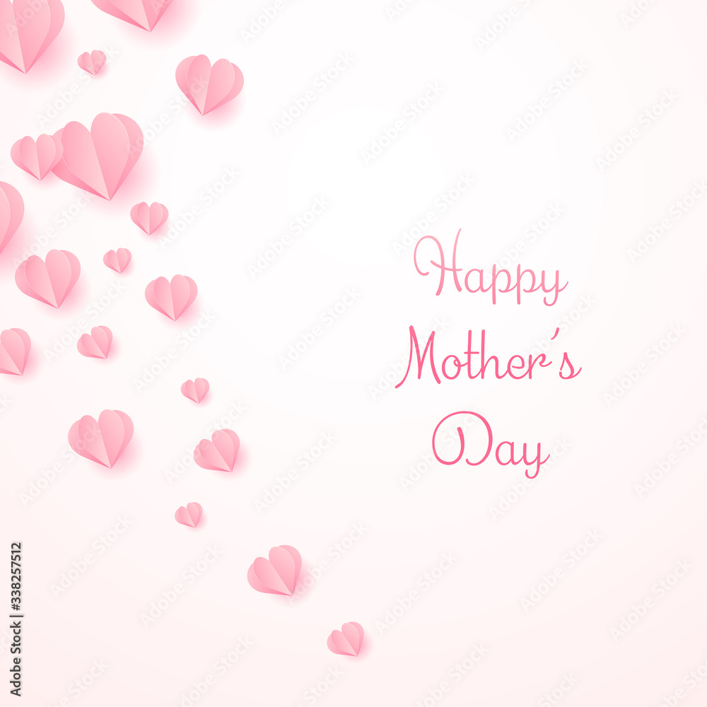 Happy Mothers's Day with flying pink hearts. Vector illustration