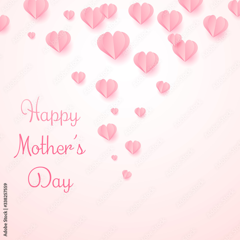 Happy Mothers's Day with flying pink hearts. Vector illustration