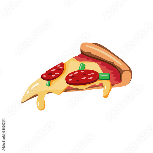 Delicious slice of pepperoni pizza with melted cheese, hand drawn. Vector illustration