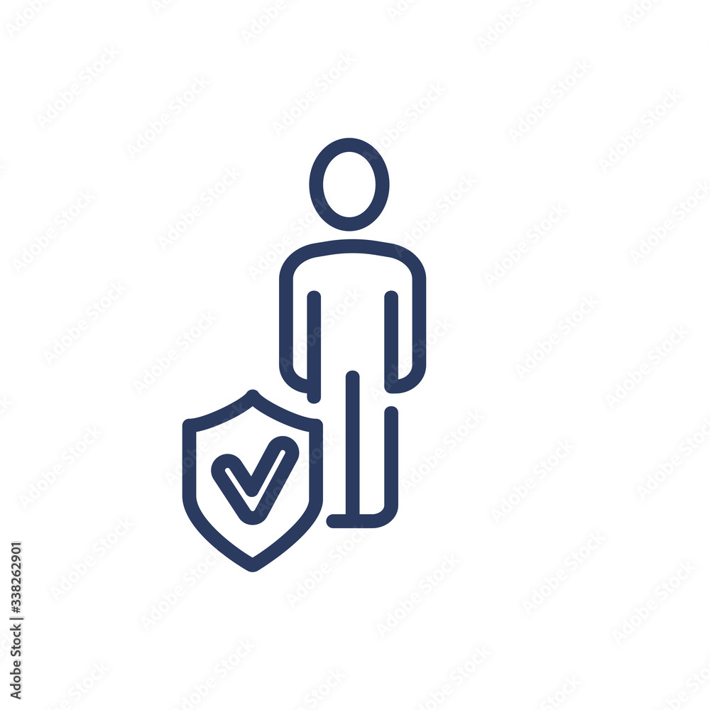 Silhouette of person thin line icon. Shield with checkmark in front of human isolated outline sign. Life insurance concept. Vector illustration symbol element for web design and apps Silhouette of person thin line icon. Shield with checkmark in front of human isolated outline sign. Life insurance concept. Vector illustration symbol element for web design and apps