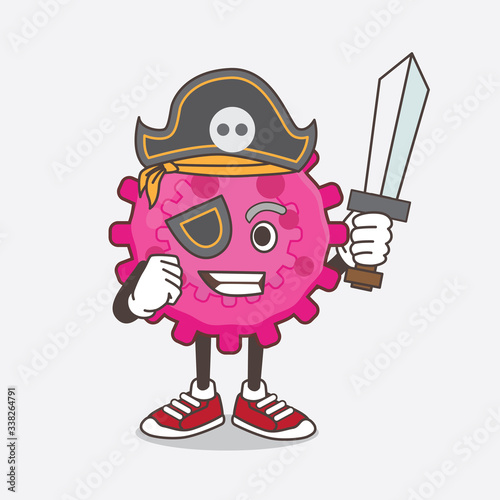 Pink Virus cartoon mascot character in pirate style and wearing hat and sword