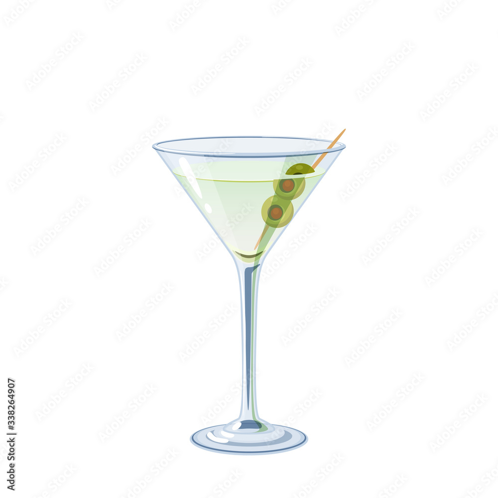 Alcoholic cocktail in martini glass, vector illustration cartoon icon isolated on white.