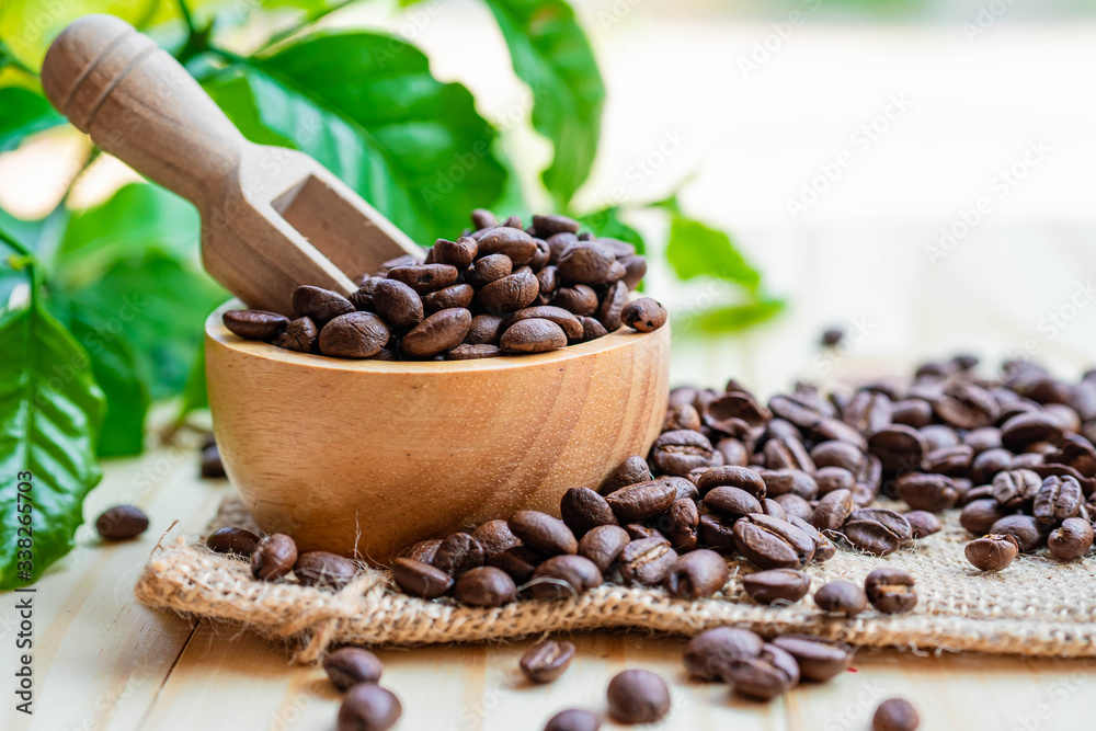 Obraz premium Coffee bean medium roasted in wooden bowl with leaf in fresh morning.