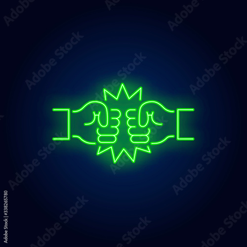 Two bro fists neon sign. Glowing fists on brick wall background. Vector illustration can be used for gesturing, communication, chatting