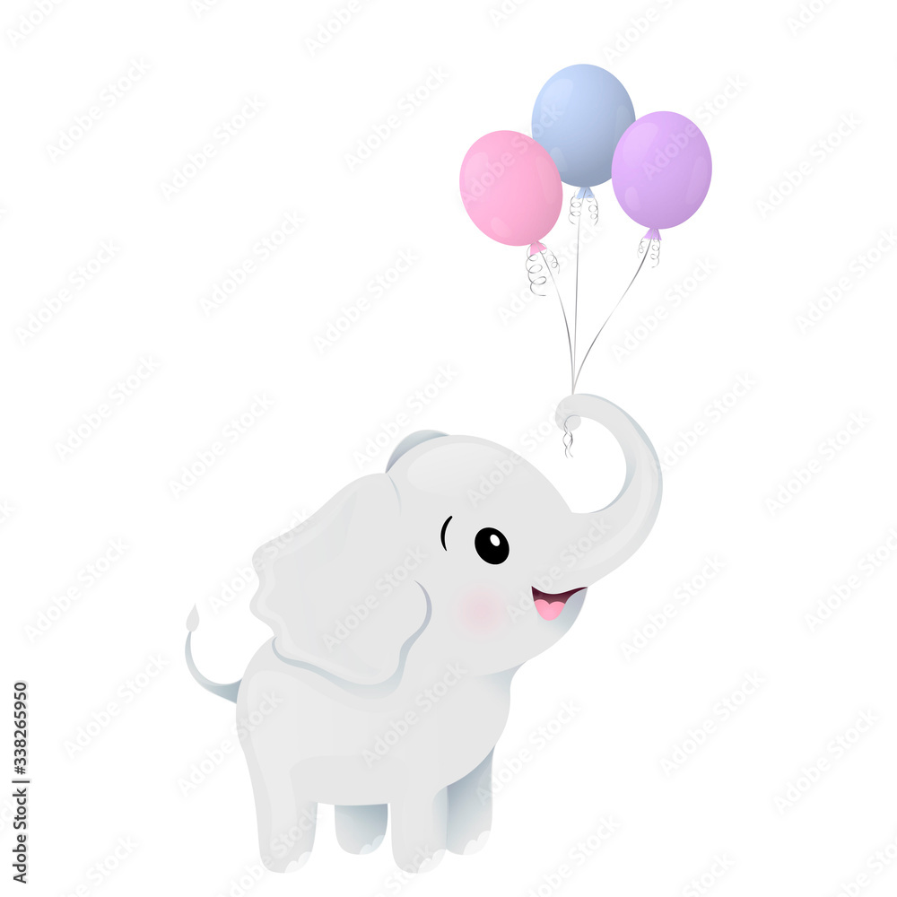 Cute baby elephant holds balloons. Vector illustration for children ...